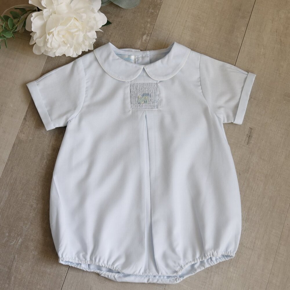 Boy's RARE Heirloom Blue Train Smocked Romper Creeper Boutique NWT 6 Month